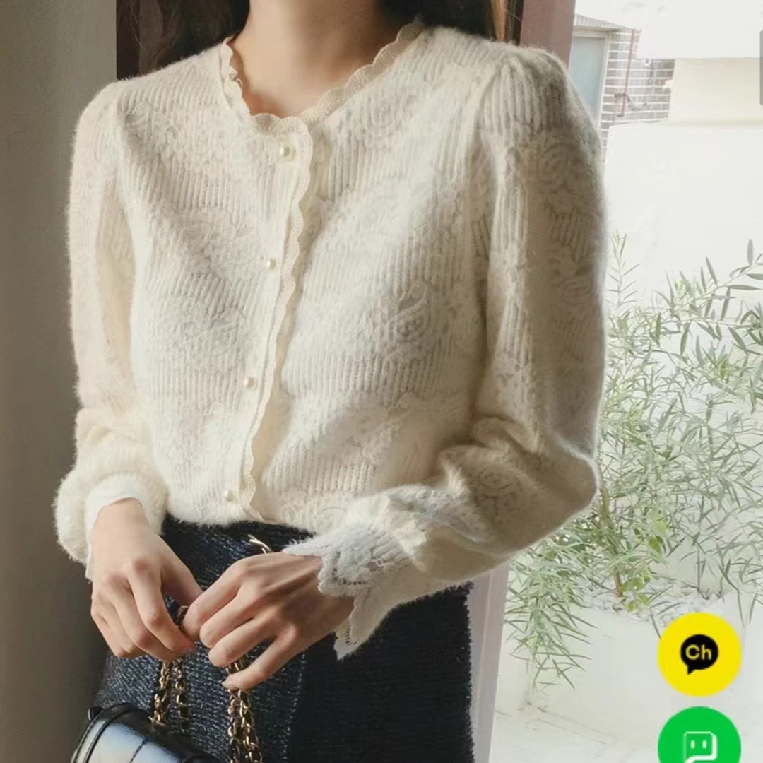 韩国东大门秋冬款花边毛绒蕾丝开衫百搭小衫