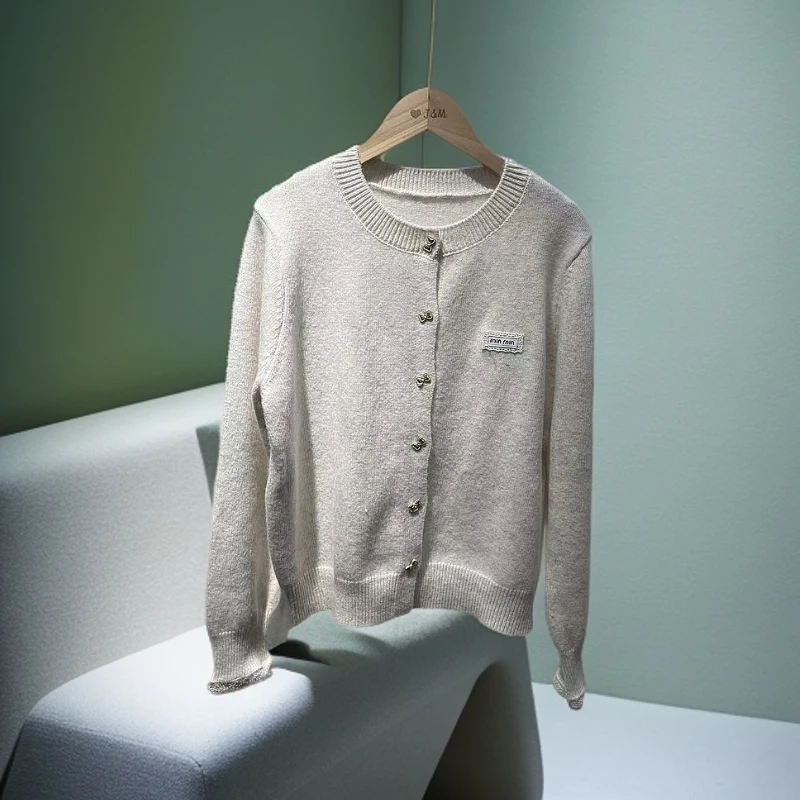 韩国东大门新款圆领蝴蝶结扣长袖毛衣开衫