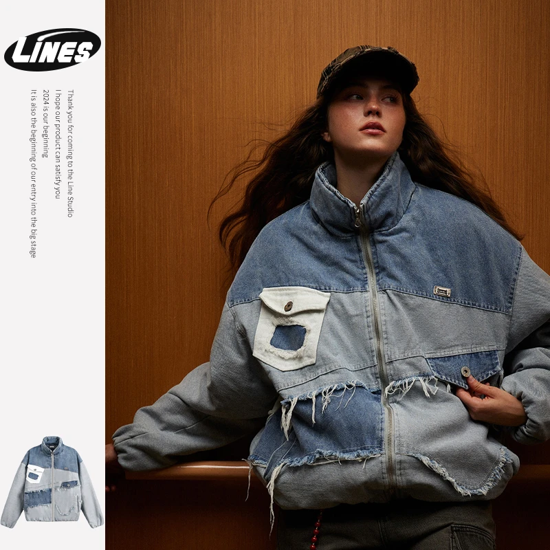 lines 秋冬美式日系牛仔外套男加厚棉服女户外情侣装休闲宽松潮流