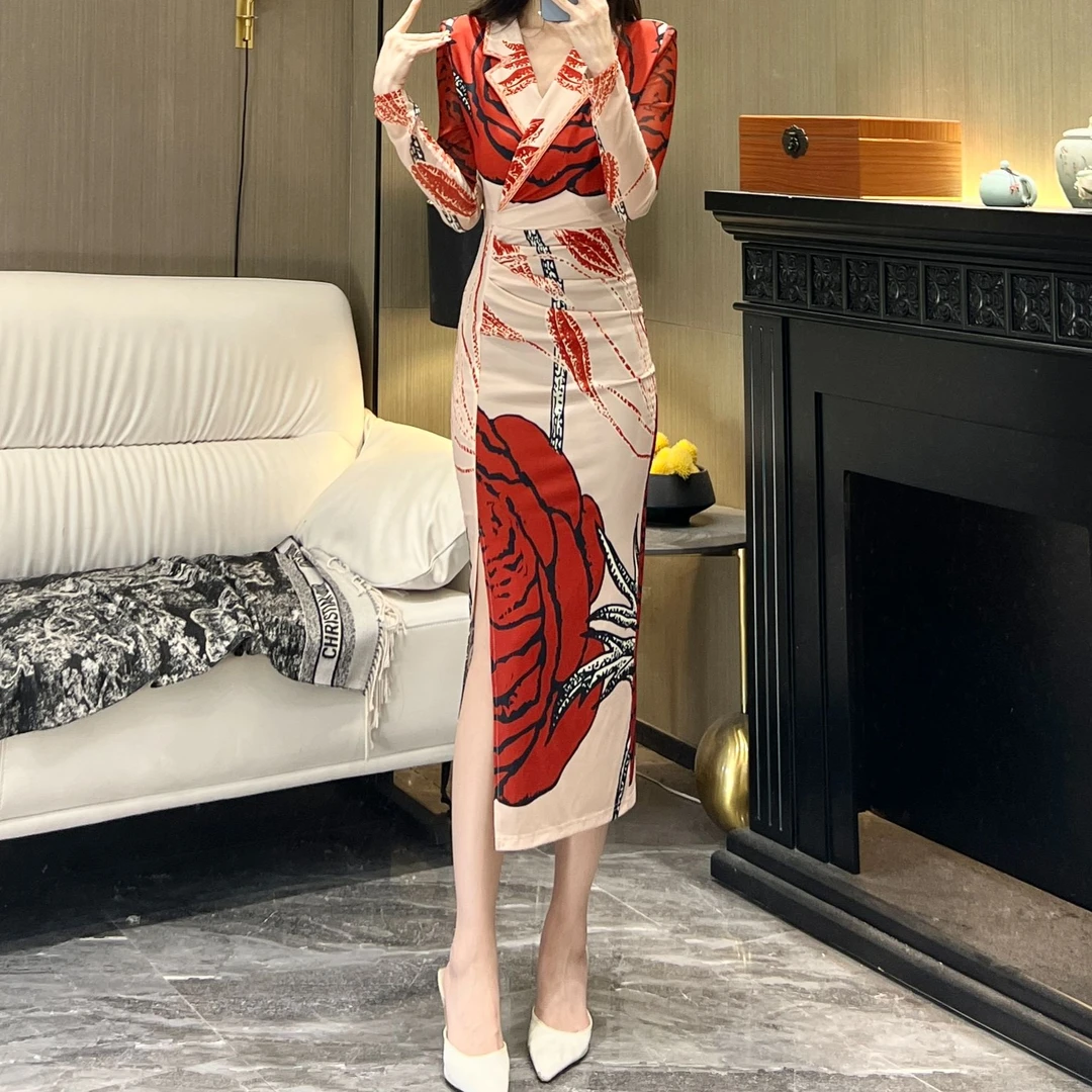 气质女人味轻奢西装领长袖定位花花色印花修身百搭开衩连衣裙长裙
