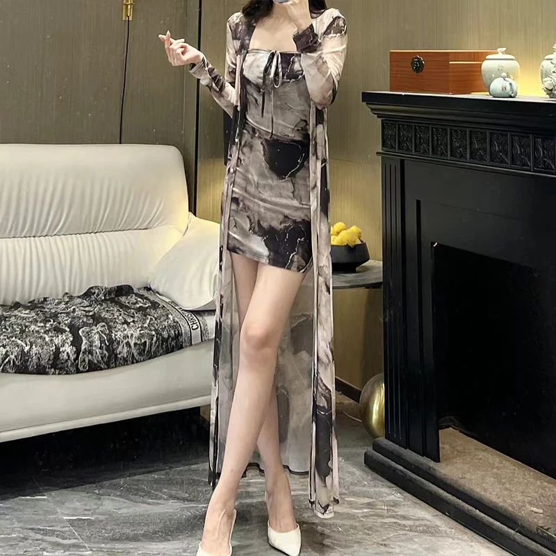 轻奢气质女人味抹胸长袖青烟梦悠显瘦修身性感包身百搭开衫连衣裙