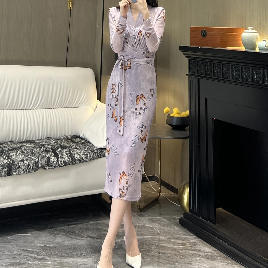 气质女人味轻奢V领长袖翩翩清影显瘦性感包身时尚绑带百搭连衣裙