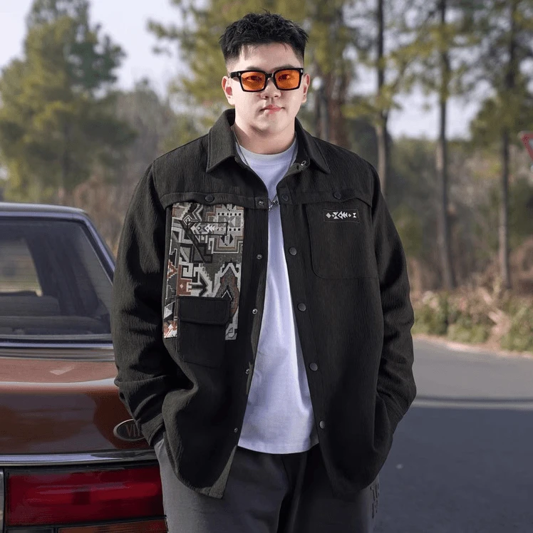 潮牌特大码男装夹克春秋季新款民族风外套胖子宽松休闲衬衫式
