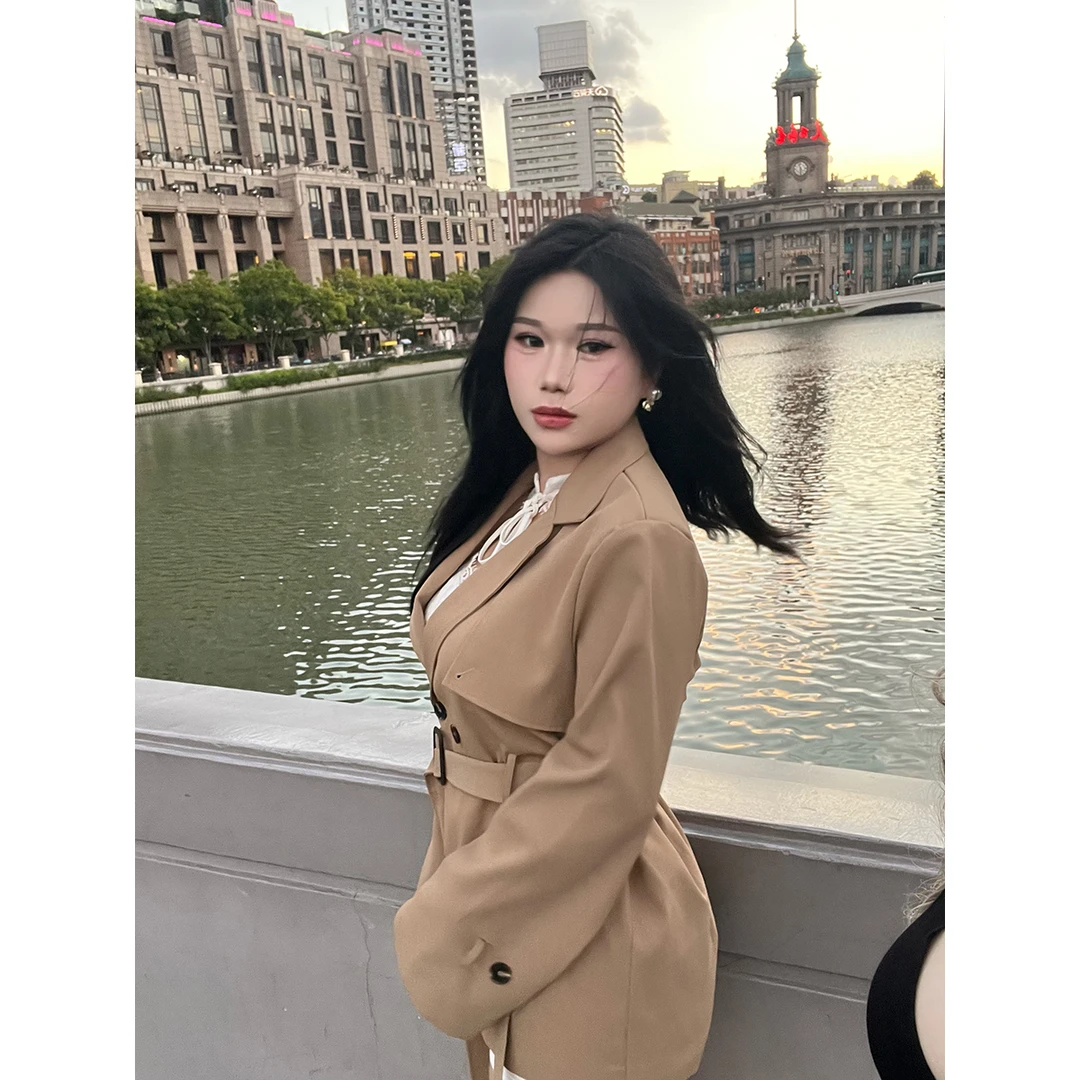 4002【外套】高级感微胖秋季风衣新款卡其色英伦风小个子收腰女