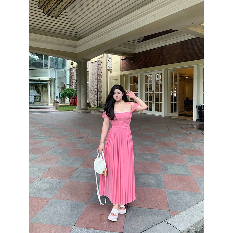 2008【仙境公主】微胖大码夏季宽松连衣裙甜美粉色收腰显瘦短袖长