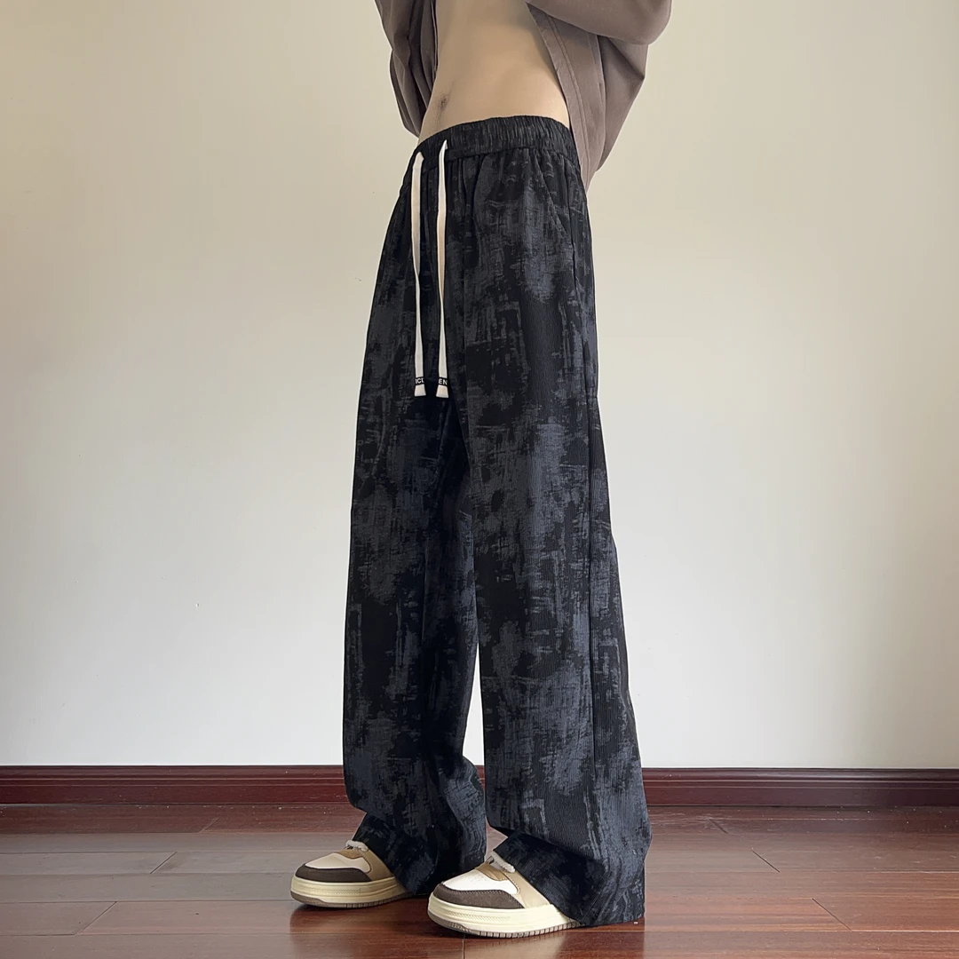 微喇叭裤灯芯条印花休闲裤宽松直筒休闲长裤春秋美式百搭复古高街