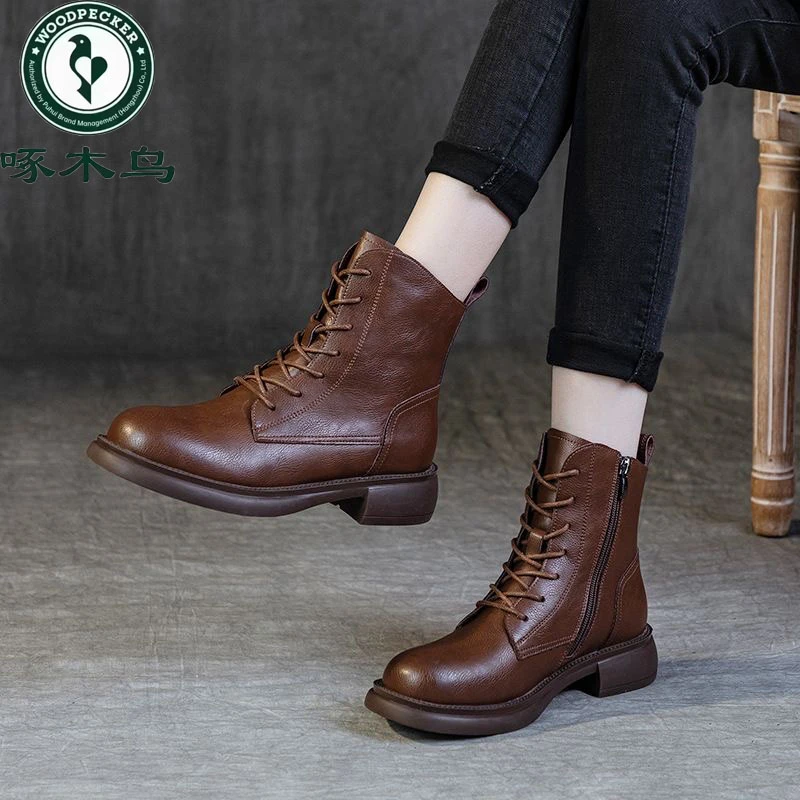 【啄木鸟品牌】新款专柜正品加绒加厚软皮软底切尔西马丁靴11373