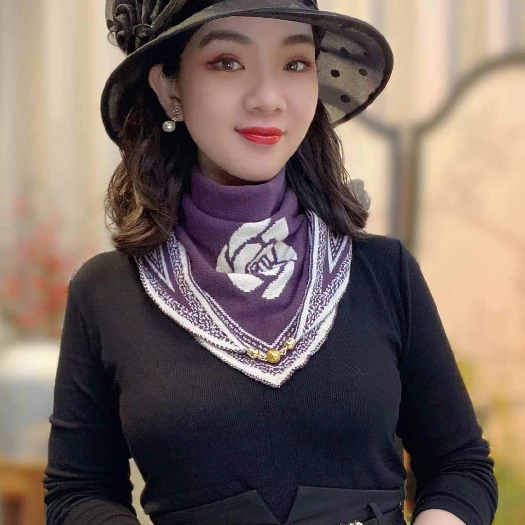 110*30cm玫瑰花新款针织磁吸扣三角巾秋冬季围巾百搭保暖时尚围脖