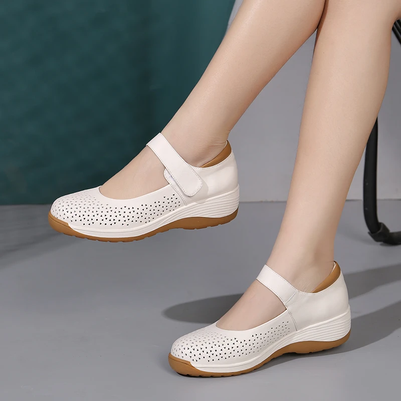 乔曼奇休闲玛丽珍镂空凉鞋夏季真皮软底坡跟跳舞鞋轻便透气单鞋女