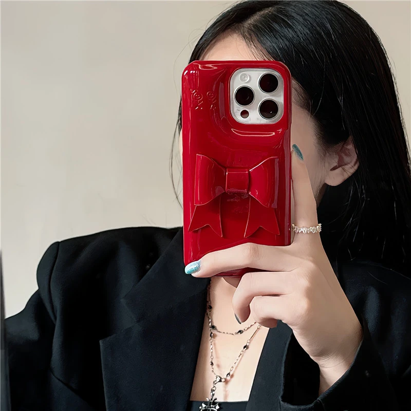 皮质红色立体蝴蝶结iPhone14/13适用12PRO苹果15PROMAX手机壳防摔