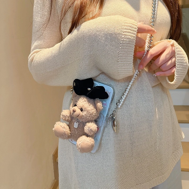 韩国同款卡通毛绒小熊手机挂绳斜挎背带夹片男女手机壳挂绳可背绳