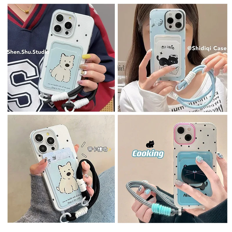 趣味波点卡包适用于iPhone15手机壳14手提绳华为/小米防摔保护套