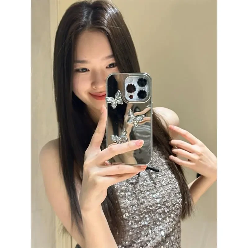 高颜值镜面蝴蝶闪钻适用iPhone15promax手机壳14苹果13女款12小众