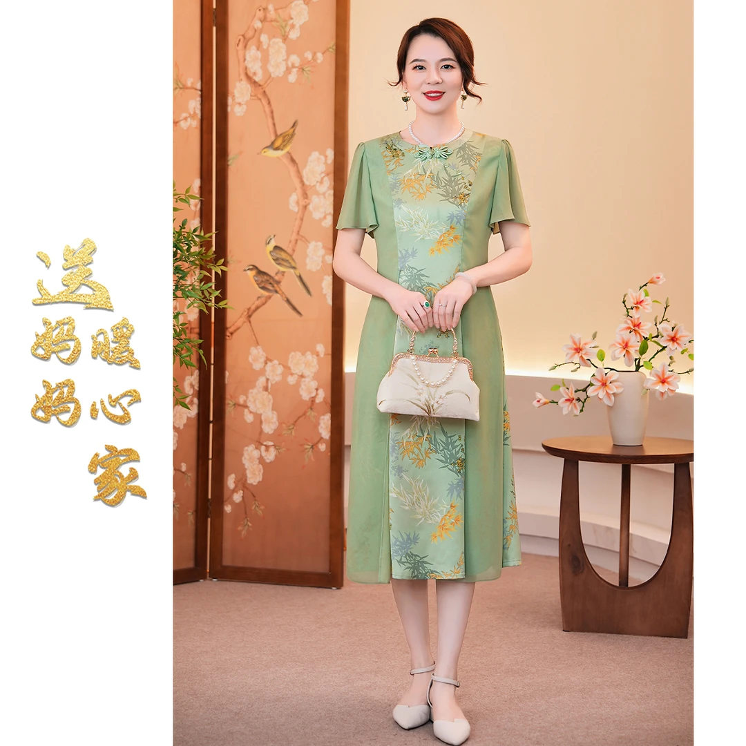 夏季洋气气质新中式连衣裙中年女士时尚国风复古显瘦长裙 28172