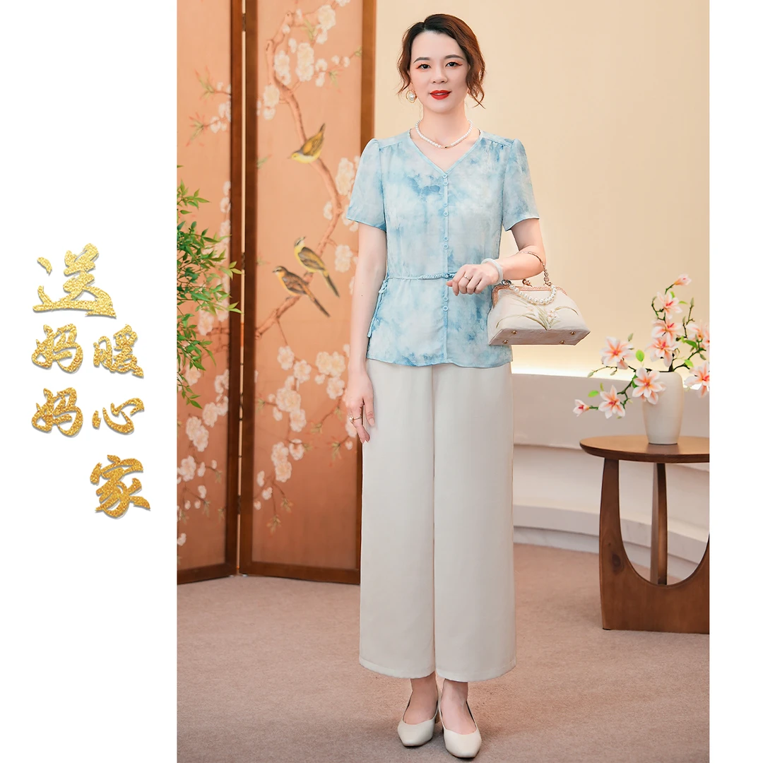 夏季休闲时尚短袖套装洋气质中年妈妈装上衣直筒裤两件套 YQ-518