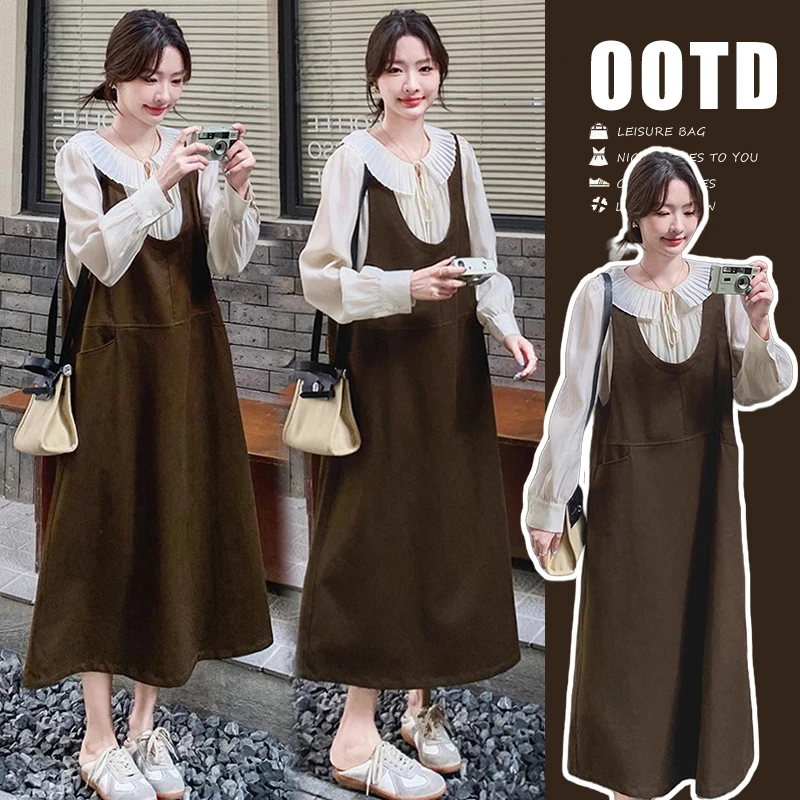孕妇装秋冬款连衣裙时尚新款宽松背心裙子长款过膝大码衬衫两件套