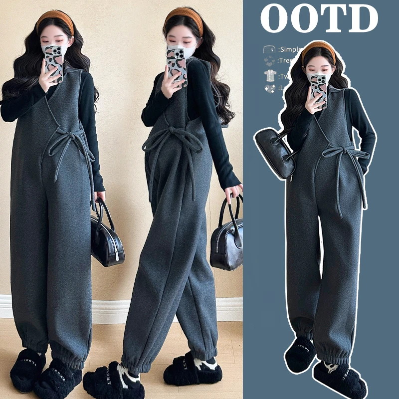 孕妇装秋冬款套装时尚新款冬季加绒加厚背带裤大码休闲外穿阔腿裤