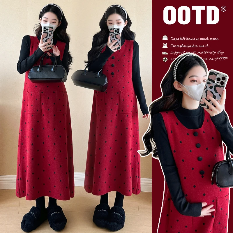 孕妇连衣裙秋冬加厚毛衣背心裙子套装圣诞过年红色长裙高级两件套