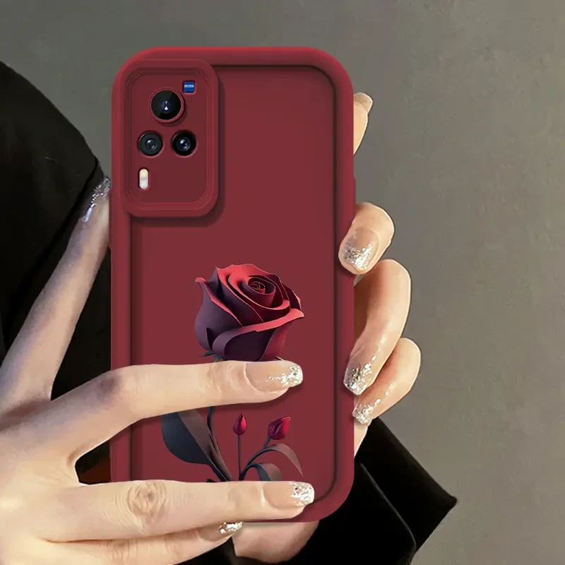 适用于vivo X60/X60Pro暗红玫瑰手机壳全包硅胶防摔女款创意软壳