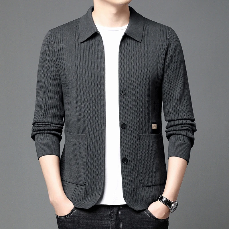 2025春秋新款开衫毛衣年轻男士翻领针织衫时尚休闲纯色夹克23895