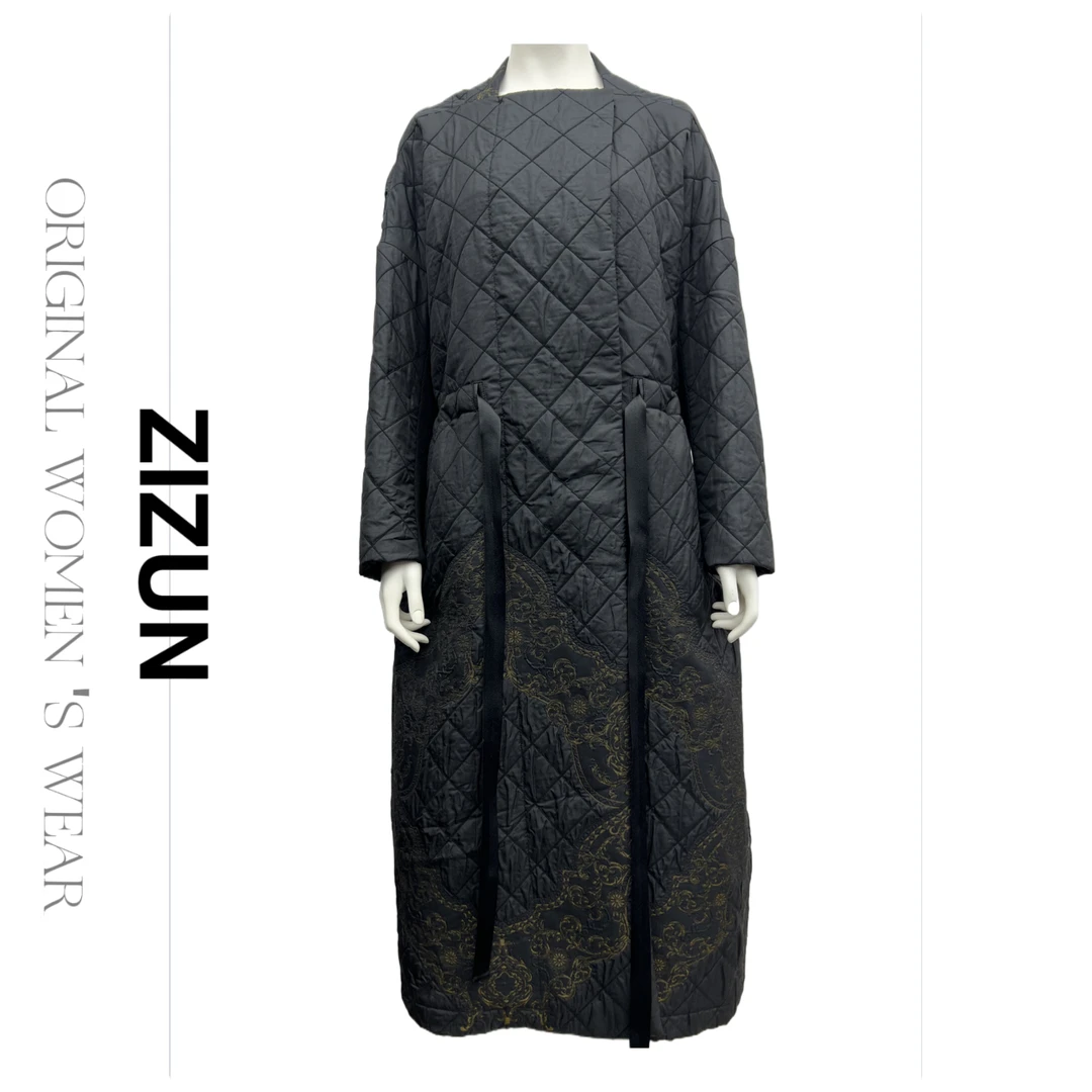 ZIZUN/姿の尊秋冬百搭黑色中长款设计师女士外套棉服
