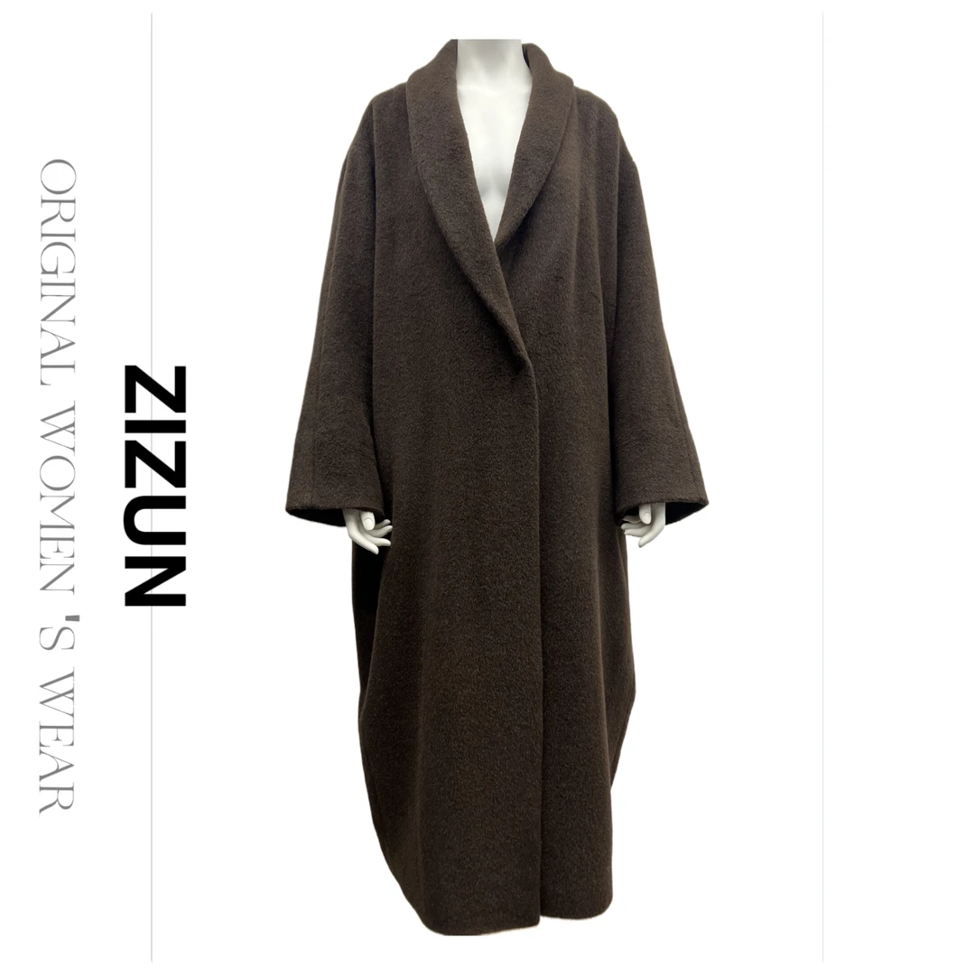ZIZUN/姿の尊冬季纯色宽松廓形中长款女士骆马绒大衣