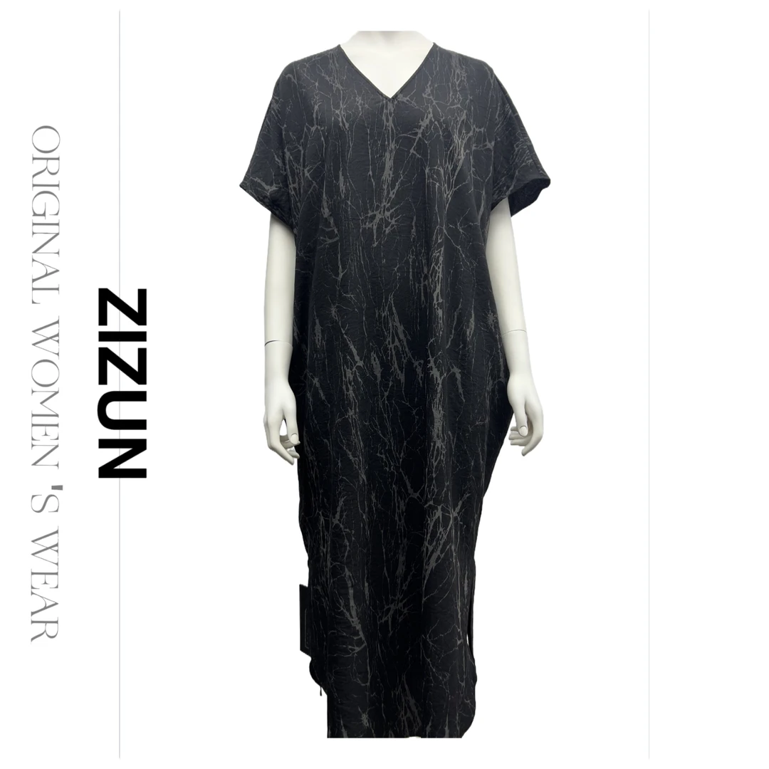 ZIZUN/姿の尊夏季V领休闲百搭气质设计师短袖中长款女士连衣裙