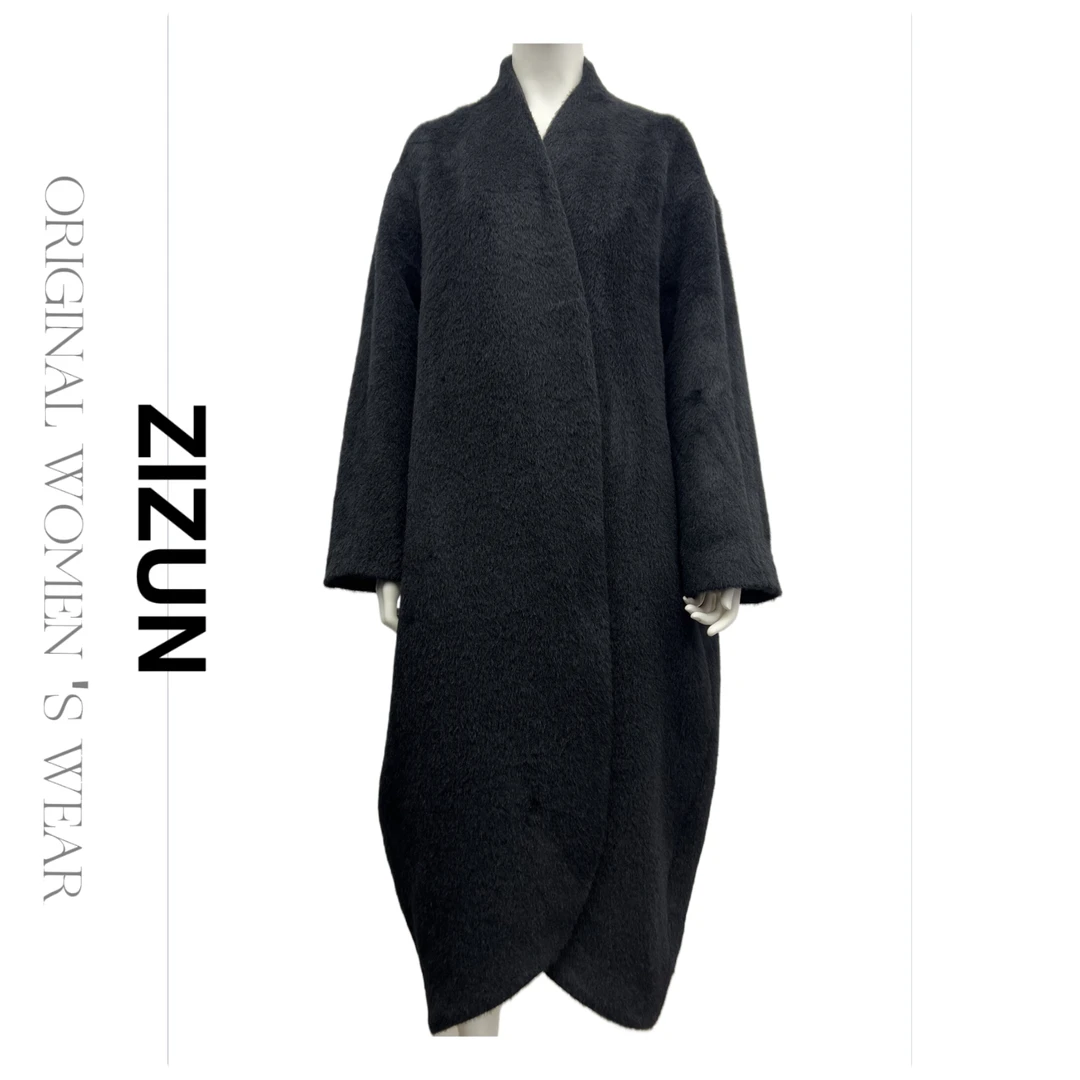 ZIZUN/姿の尊秋冬设计师百搭黑色宽松中长款大衣