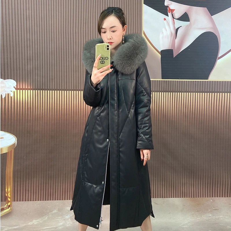 【优莎】6359时尚穿搭绵羊皮皮大鹅女装中长款连帽冬季气质百搭外套