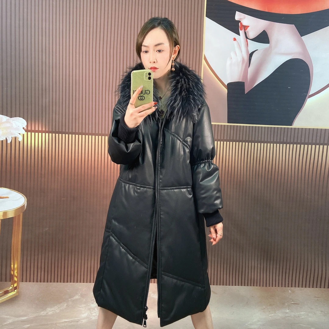 【优莎】6356（冬至）真皮羽绒服貉子大毛领女长款新国标90鹅绒服