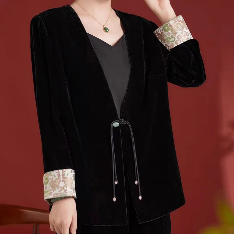 【优莎】8010春季新款时尚穿搭女装休闲丝绒新中式丝绒气质外套