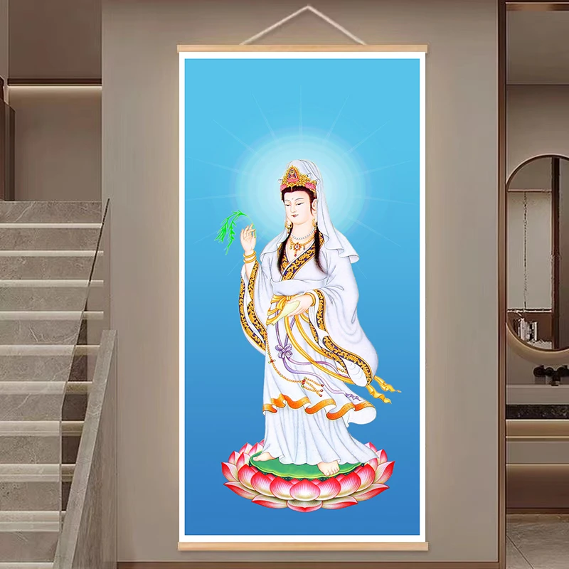 107观音佛像挂画观世音菩萨画像布艺卷轴装饰画佛堂玄关画供奉家