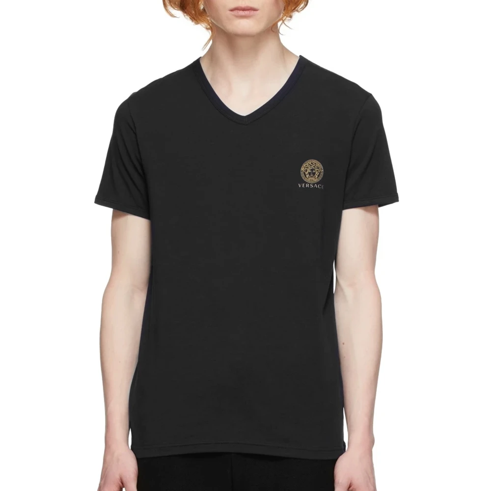 Versace/范思哲时尚男款潮流黑色棉质V领短袖T恤打底衫 AUU01004