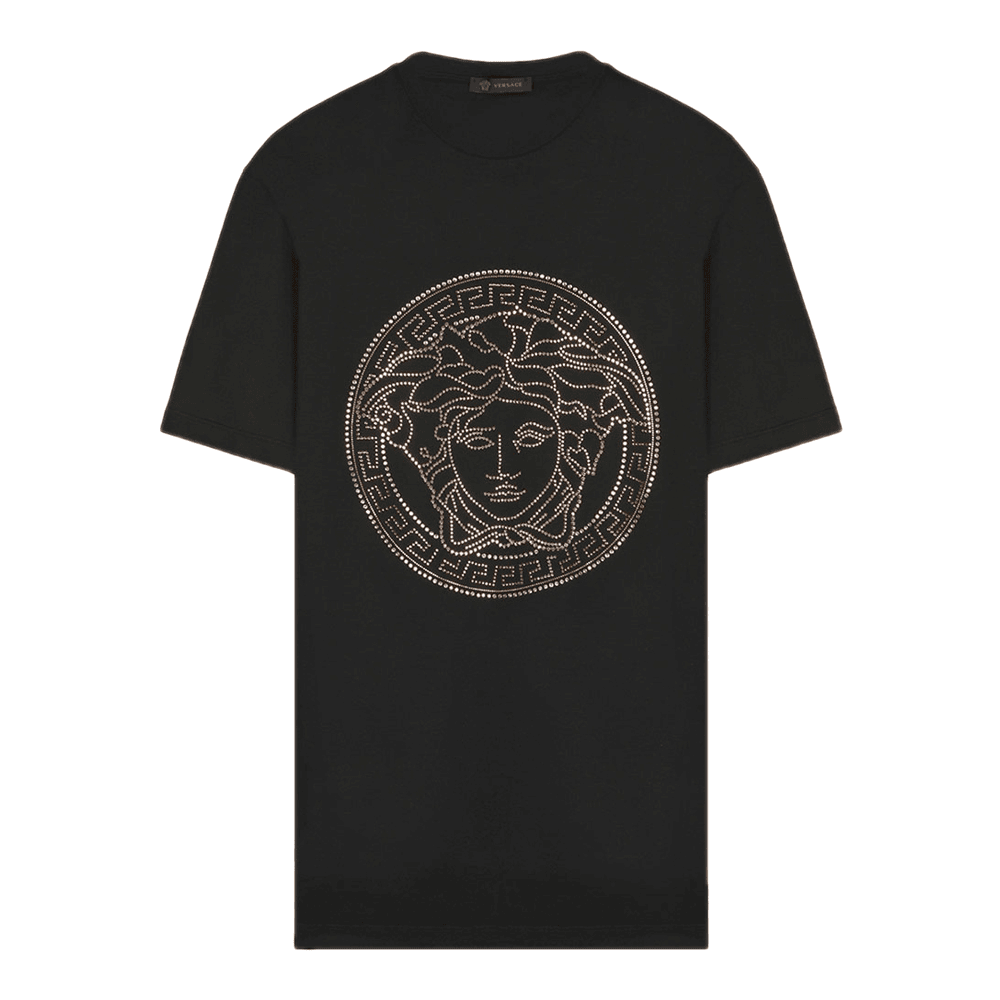 Versace/范思哲圆领夏季男装黑色欧美镶钻棉质短袖T恤衫A77987