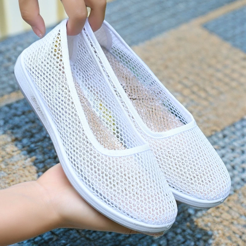 夏季女士休闲低帮鞋一脚蹬懒人鞋舒适耐磨小白鞋平底宽脚网鞋百搭