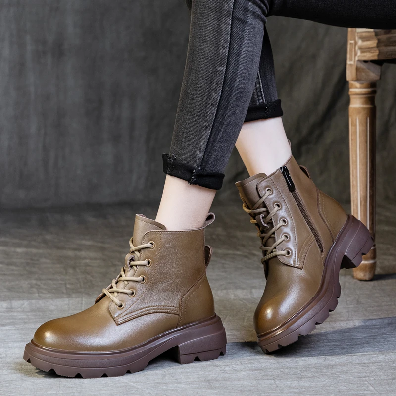 F206-1新款时尚舒适休闲百搭粗跟秋季透气轻奢头层牛皮英伦风靴子