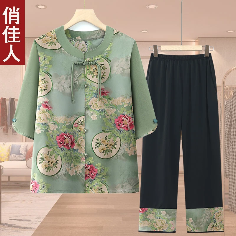 老年老人女装夏装高档新款中袖套装中老年妈妈装两件套奶奶衣服