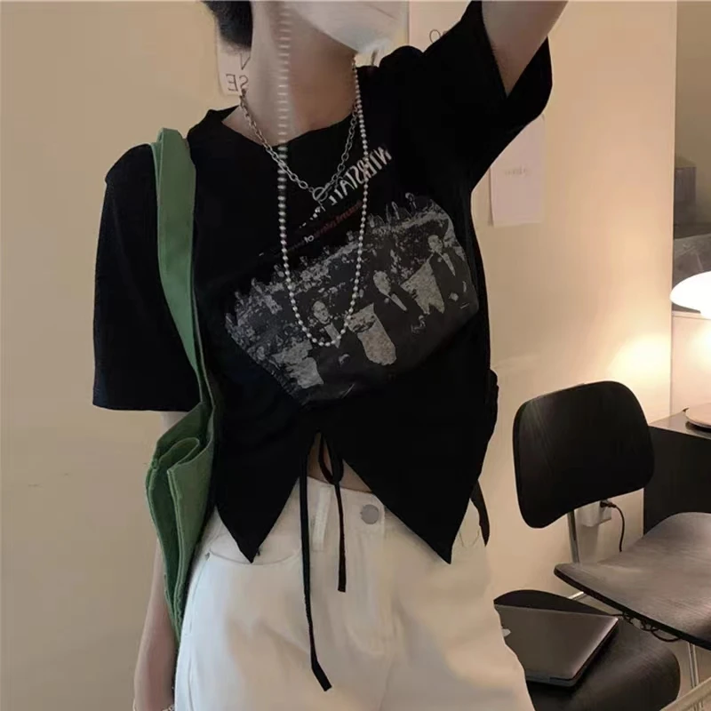 夏季辣妹短袖t恤女设计感小众抽绳短款上衣美式印花显瘦上装潮ins