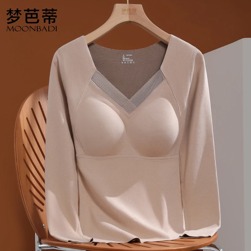 梦芭蒂免穿文胸二合一秋冬女式保暖内衣高弹亲肤隐形秋衣打底上衣