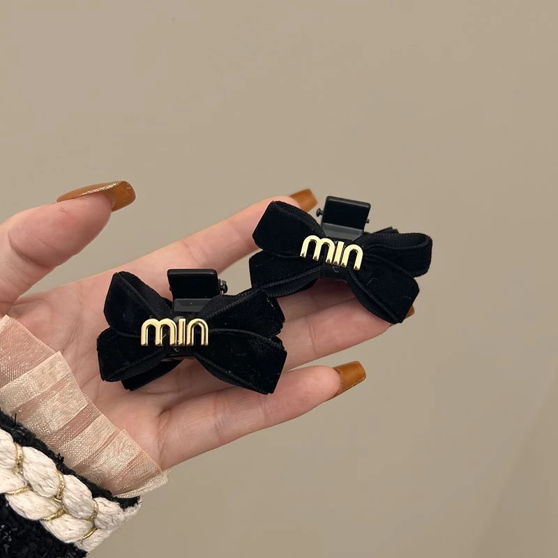 黑色MIN发夹女秋冬丝绒蝴蝶结小号抓夹前额侧边刘海碎发卡头饰