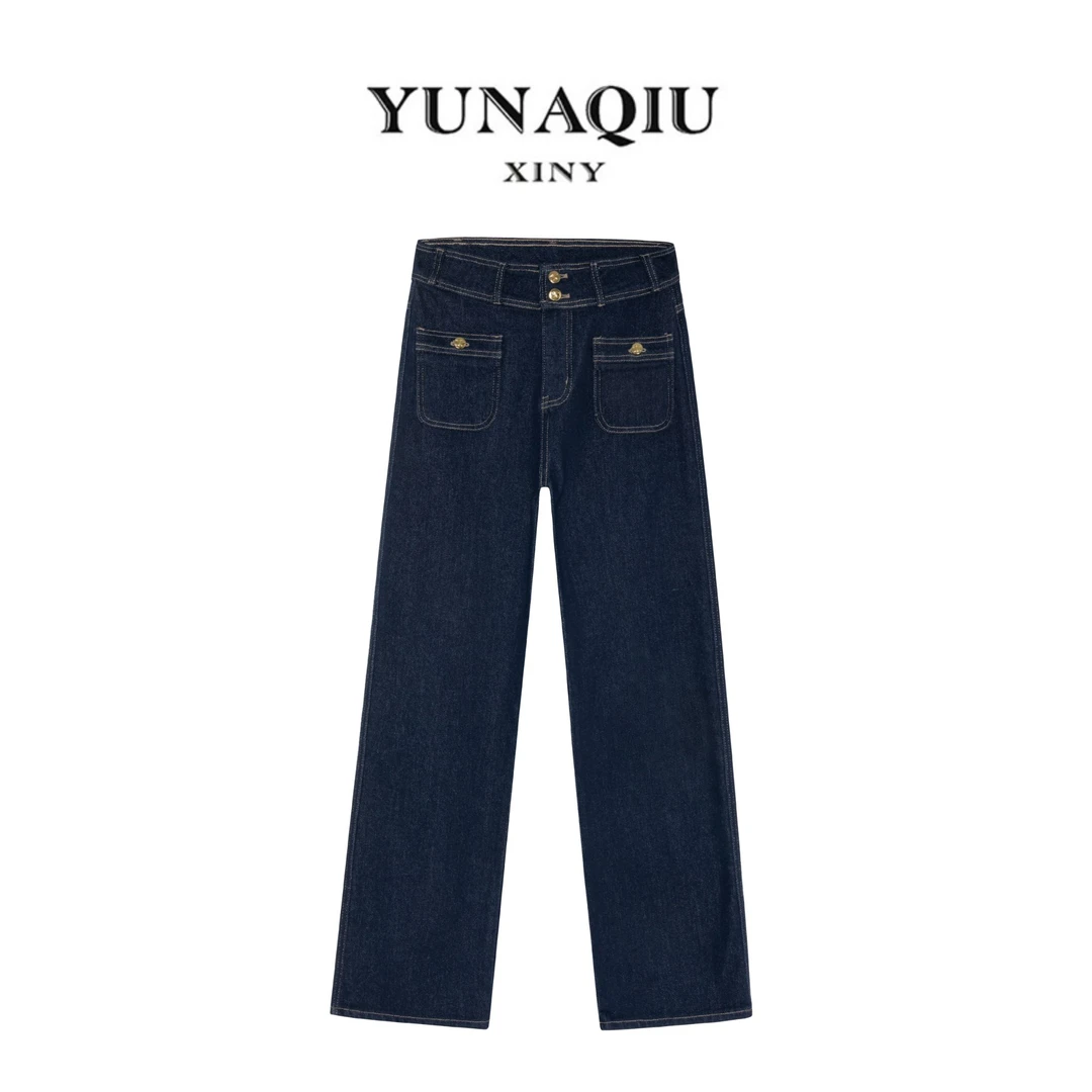 YUNAQIU直筒早秋长裤设计感女显瘦丹宁色修身百搭牛仔裤-7818