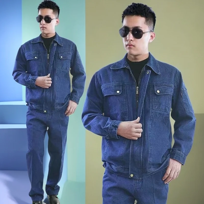 秋冬季牛仔04工作服套装男加厚耐磨电焊工厂防烫车间劳保服定制