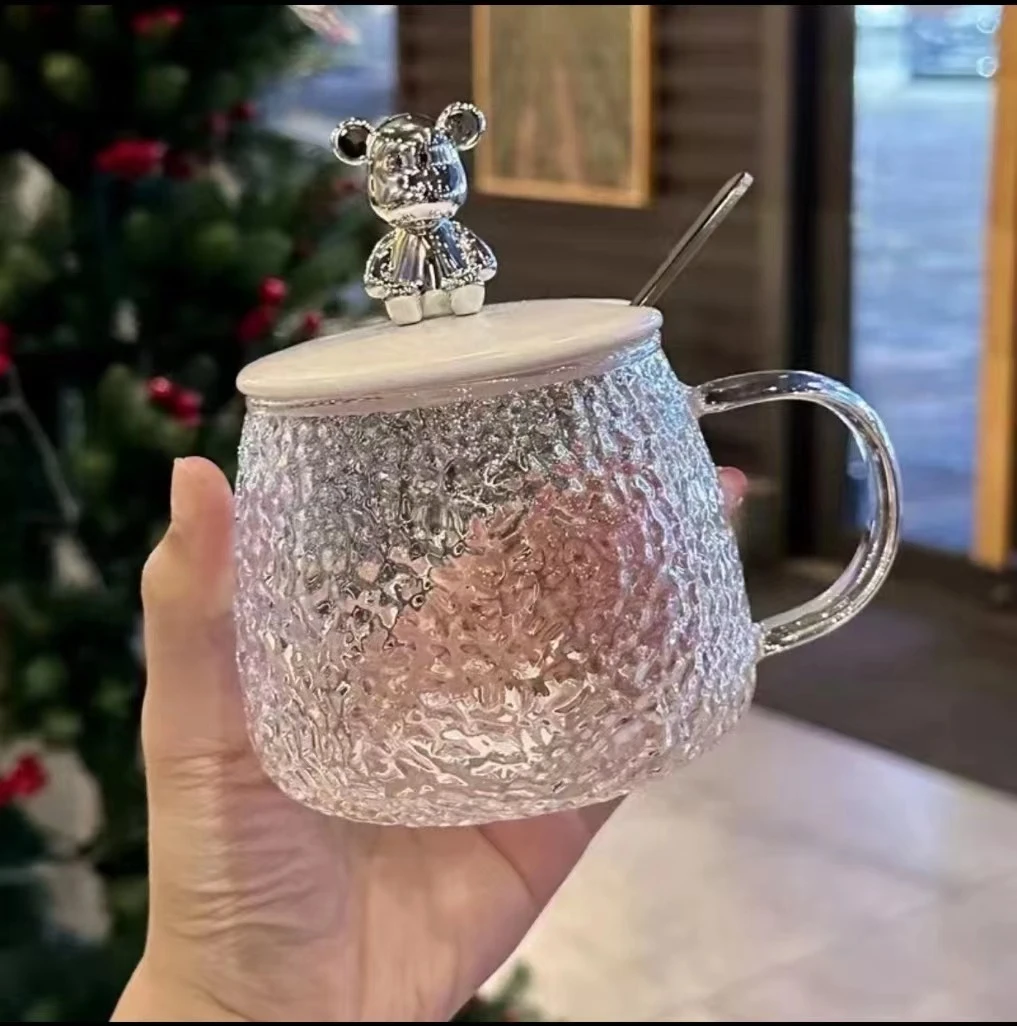 【高硼硅玻璃杯+陶瓷杯盖+不锈钢勺子】锤纹家用大容量喝水杯咖啡杯
