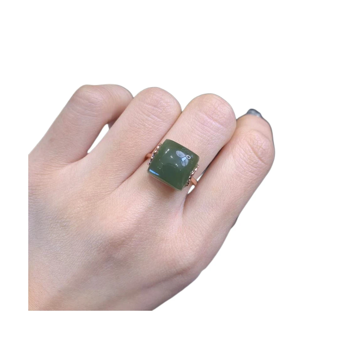 和田玉青海料双边深绿戒s925镀金戒指活口油润百搭生日礼物推荐