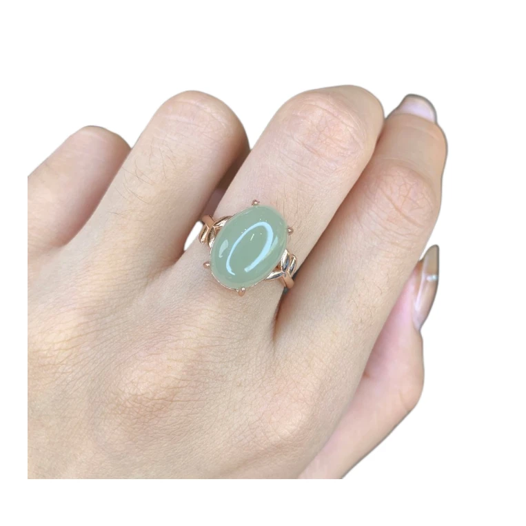 玫双叶戒浅晴水色和田玉戒指925银 日常通勤经典气质精美百搭好看