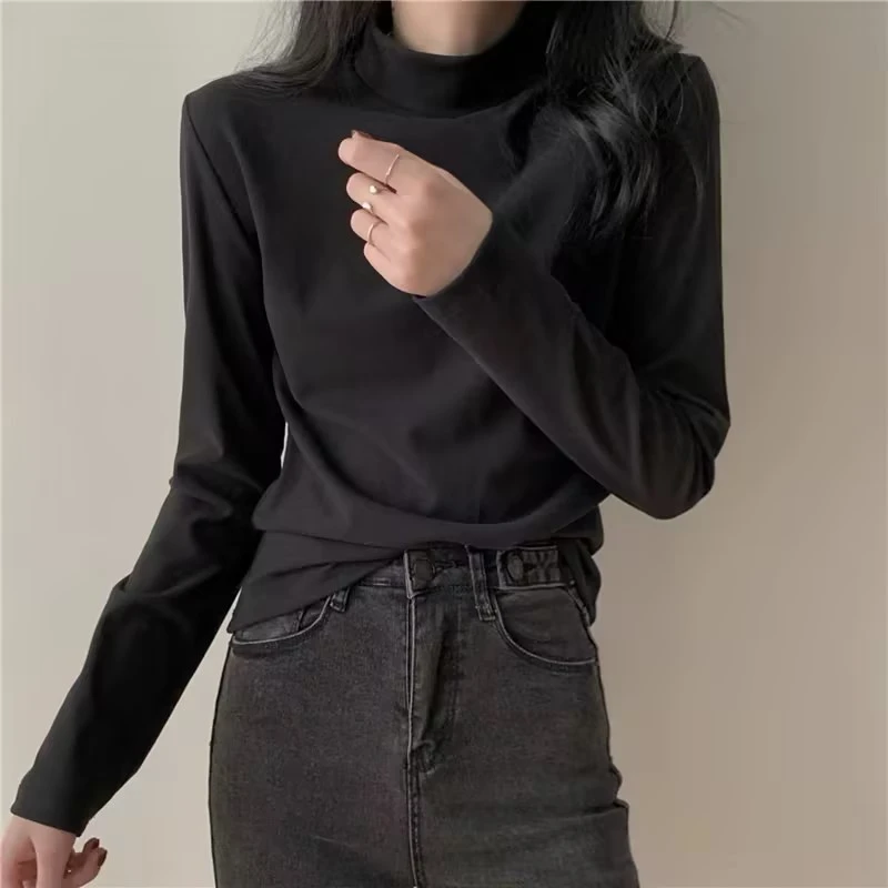 3109 半高领纯色内搭长袖打底衫t恤女显瘦百搭洋气上衣