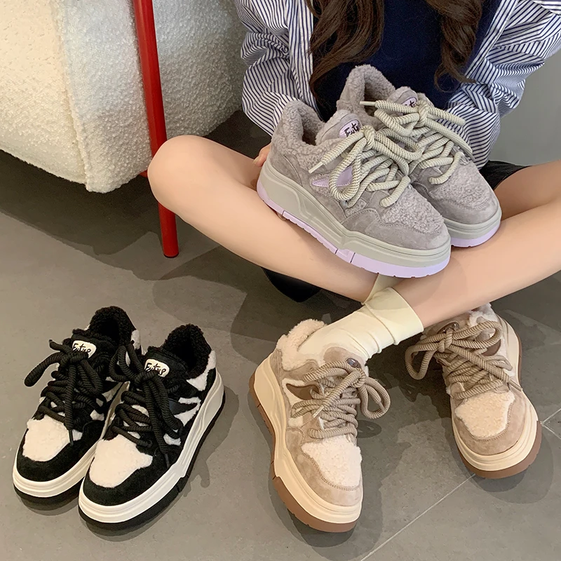 冬季毛毛鞋女款复古时尚百搭网红羊羔毛厚底休闲冬季加绒板鞋韩版