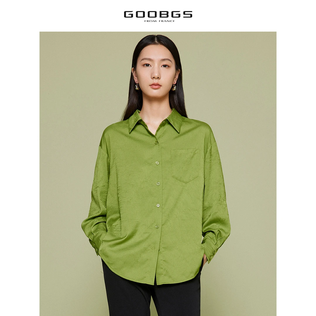 【谷邦L+】G2311520绿色褶皱长袖衬衫