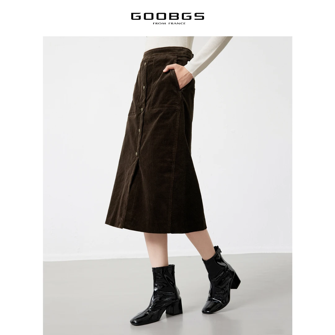 【小余专属】G2423015棕色灯芯绒棉质中长裙