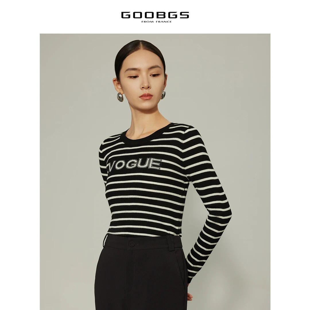 【小余专属】G2371735圆领黑白条字母Logo长袖毛衫